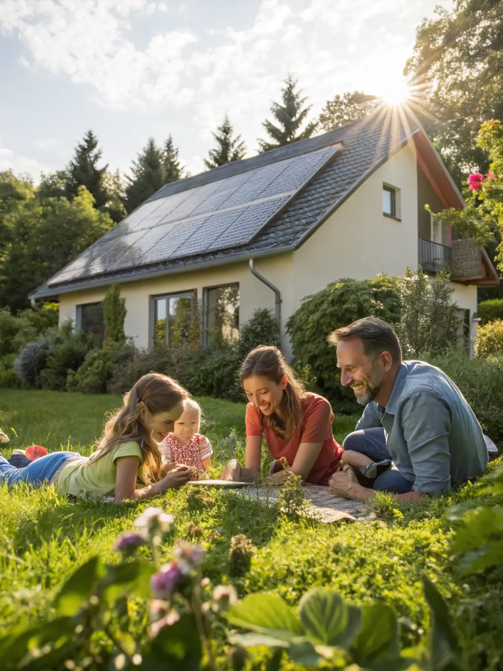 A family enjoying a bright, energy-efficient home powered by solar panels, illustrating a sustainable and cost-effective lifestyle.