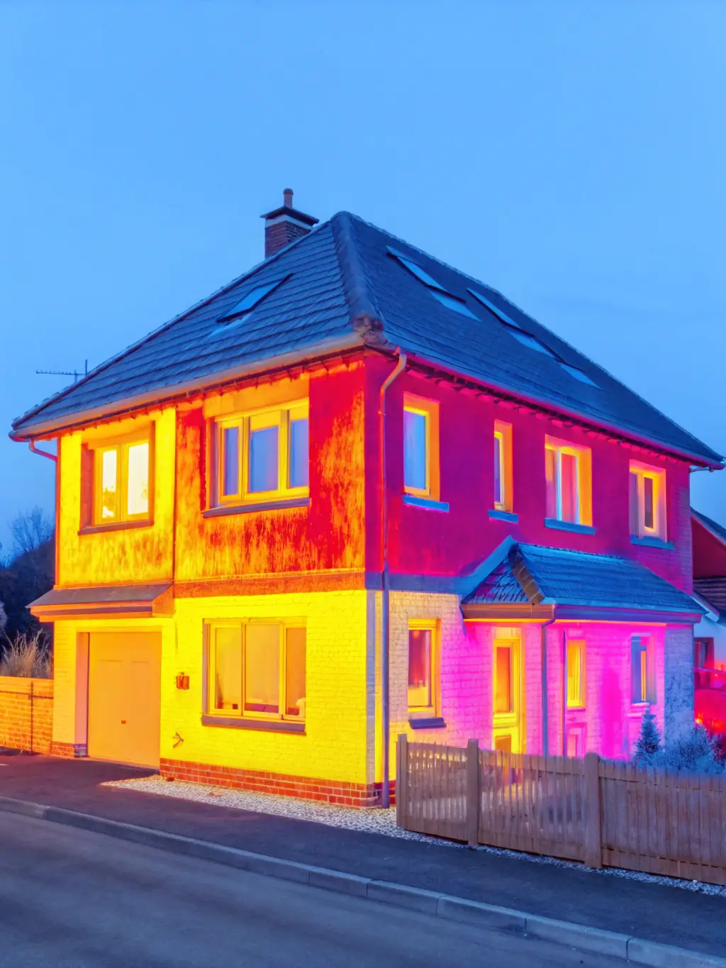 A thermal image of a house showing excellent insulation, highlighting minimal heat loss and energy efficiency.